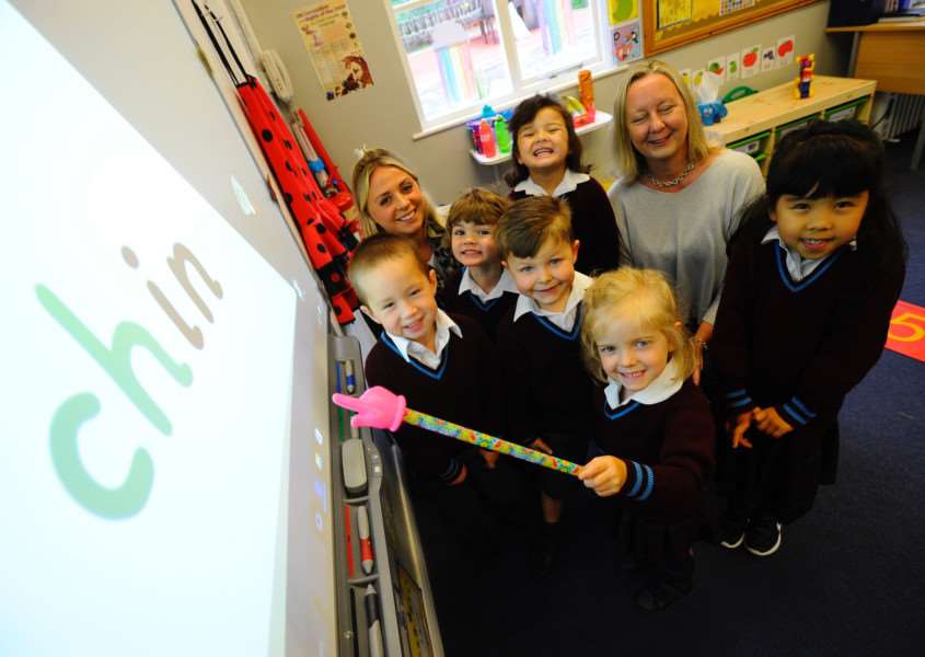 Teachers Miss Franchesca Atkins and Miss Julie Blakemore with their class. Picture: MARK BULLIMORE