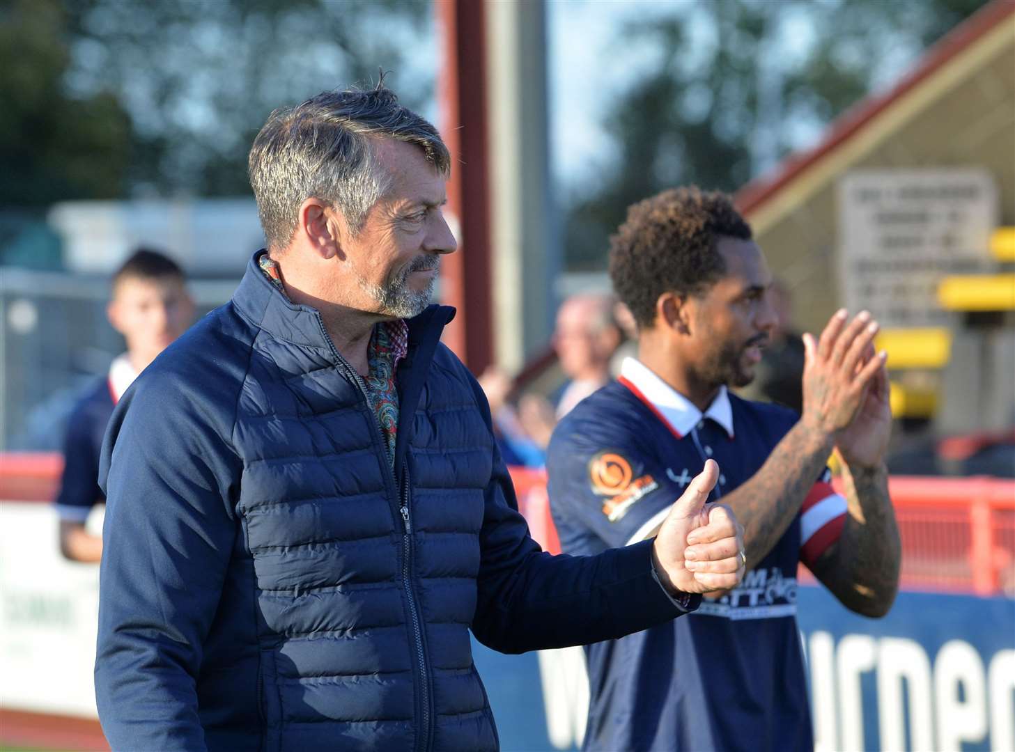 Kidderminster Harriers manager Phil Brown gives a thums up to the travelling supporters at Bloomfields as his side defeated Needham Market 3-0 Picture: Ben Pooley