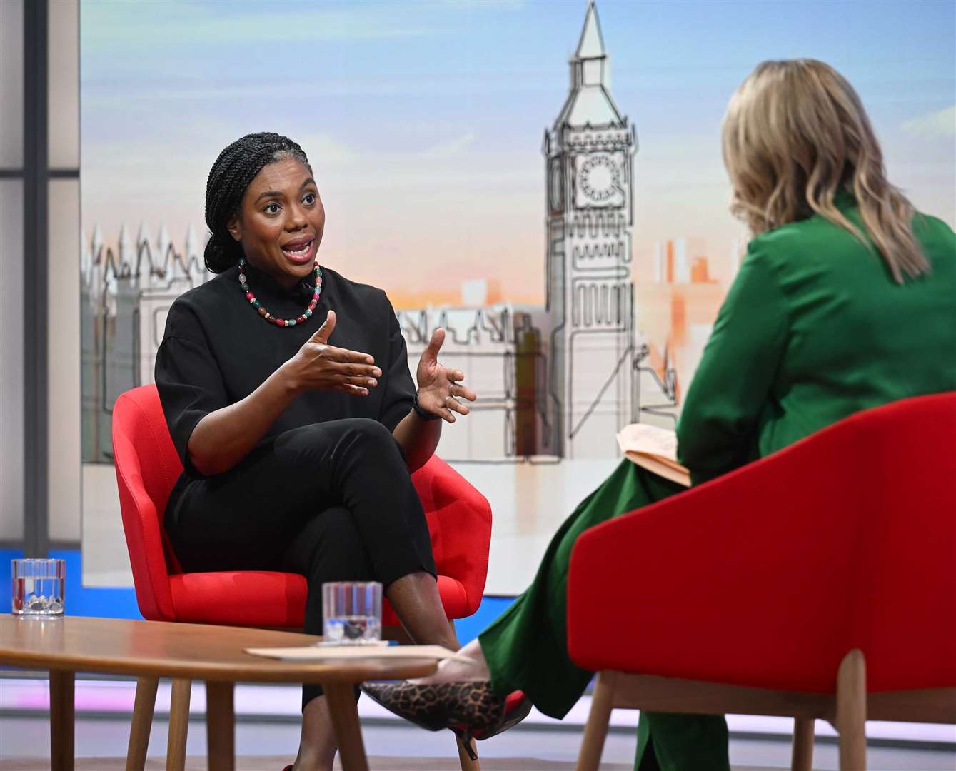 Conservative leader Kemi Badenoch, left, said Hamas ‘cheered’ Sir Keir’s statement (Jeff Overs/BBC)