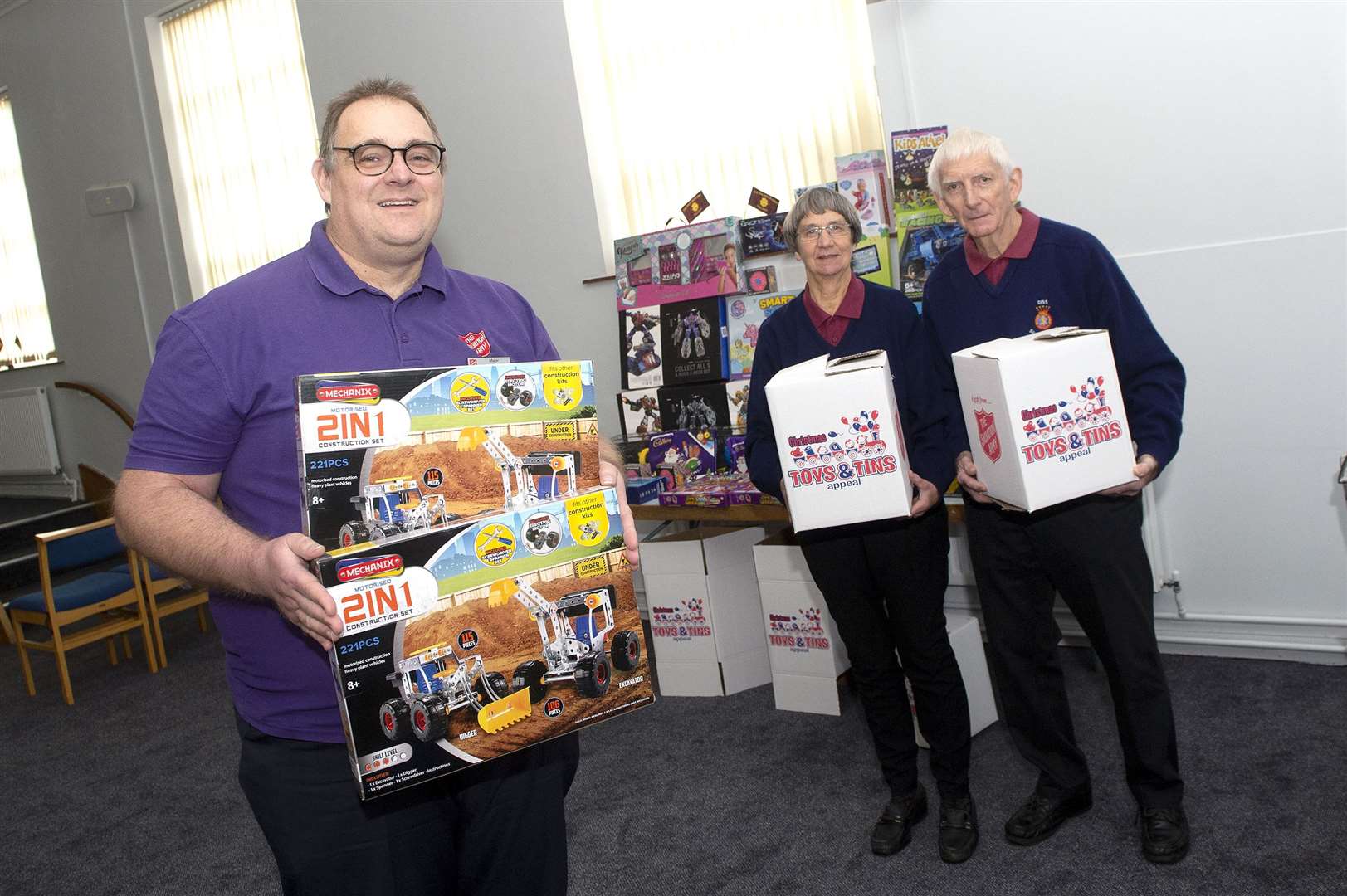 Diss Salvation Army are launching their toys and tins appeal and are looking for donations in the run up to Christmas...PICTURED: Major Nick Cotterill (Co-Officer), .Jean and Doug (Co-Ordinaries for toys and tins )...Picture by Mecha Morton.