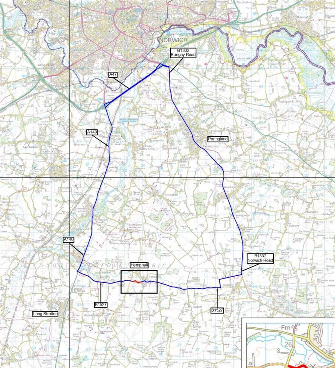 The diversion route planned for the Hempnall work. Picture: Norfolk Highways
