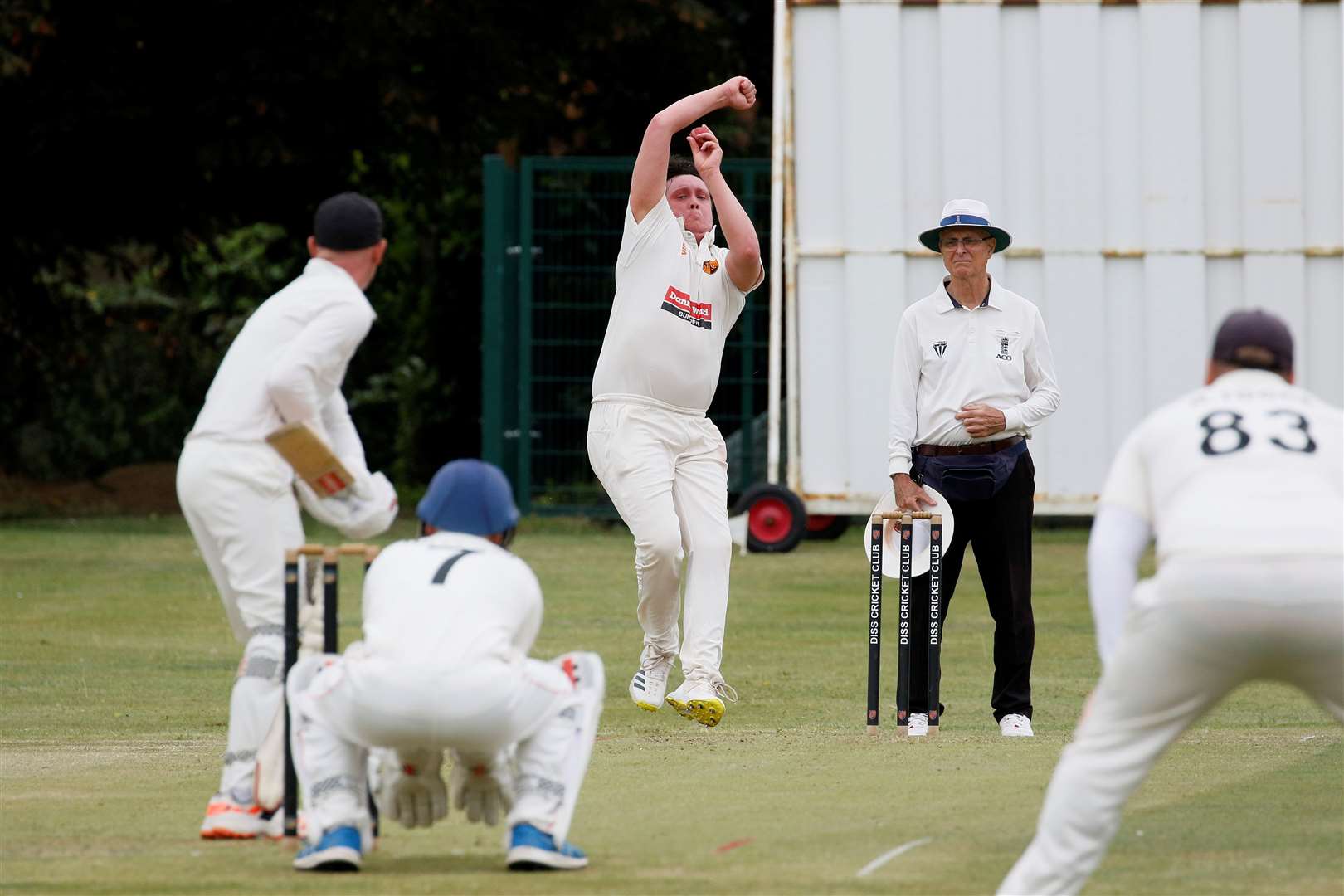 Charlie Turner bowling for Diss. Picture: Mark Bullimore