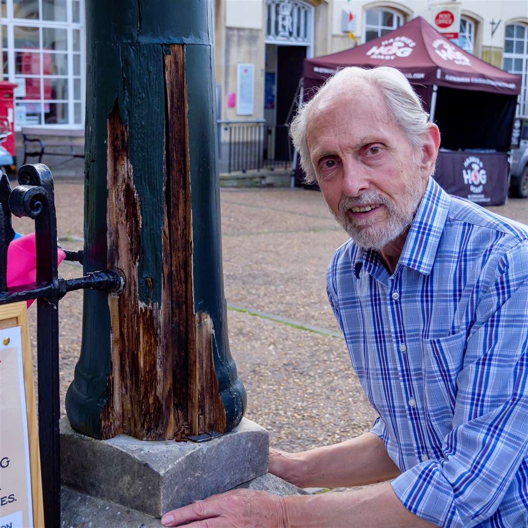 Richard Peaty next to the pillar that needs replacing. Picture: Mark Bullimore