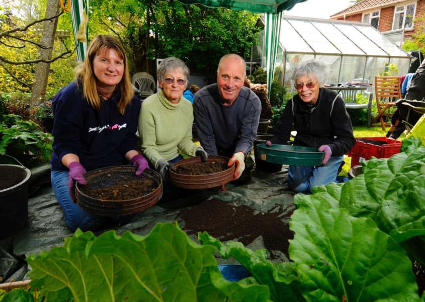 Tasburgh, Norfolk. Archaeological test pits are being dug in gardens around Tasburgh as part of Imagined Land, a two-year archaeology project looking into the ancient history of the village. Pictured from left Angela Schug, Jane Budds, Brian Budds and June Braddock.''Picture: MARK BULLIMORE