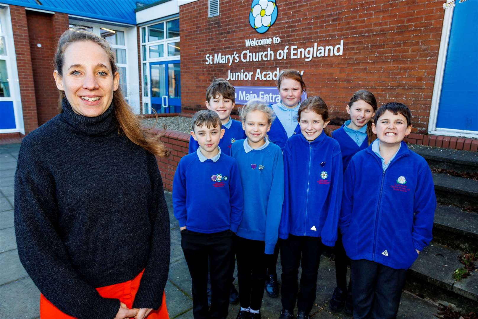 Long Stratton, Norfolk, 10/01/2024New headteacher Laura Richardson at St Mary's Church of England Junior School in Long Stratton, pictured with members of the school council. Picture: Mark Bullimore Photography 2024