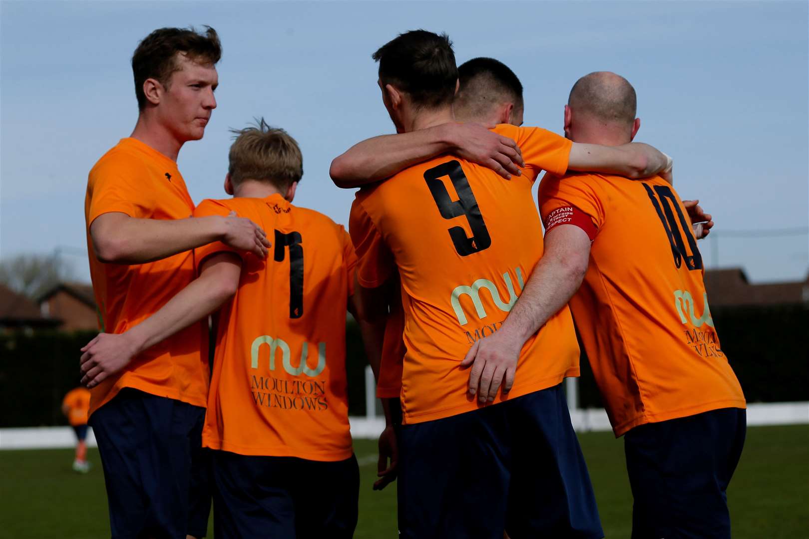 Diss celebrate one of their two goals during last weekend’s victory over Framlingham Town Picture: Mark Bullimore