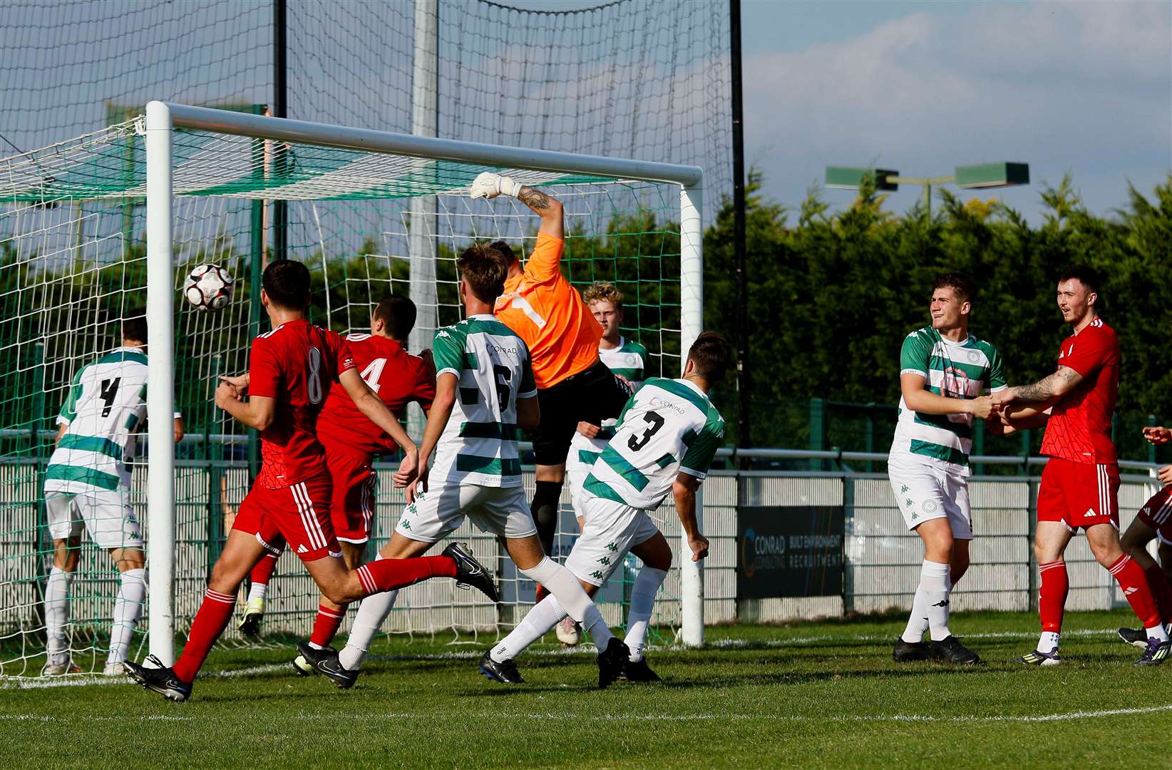 Haverhill Borough bundle the ball home. Picture: Mark Bullimore