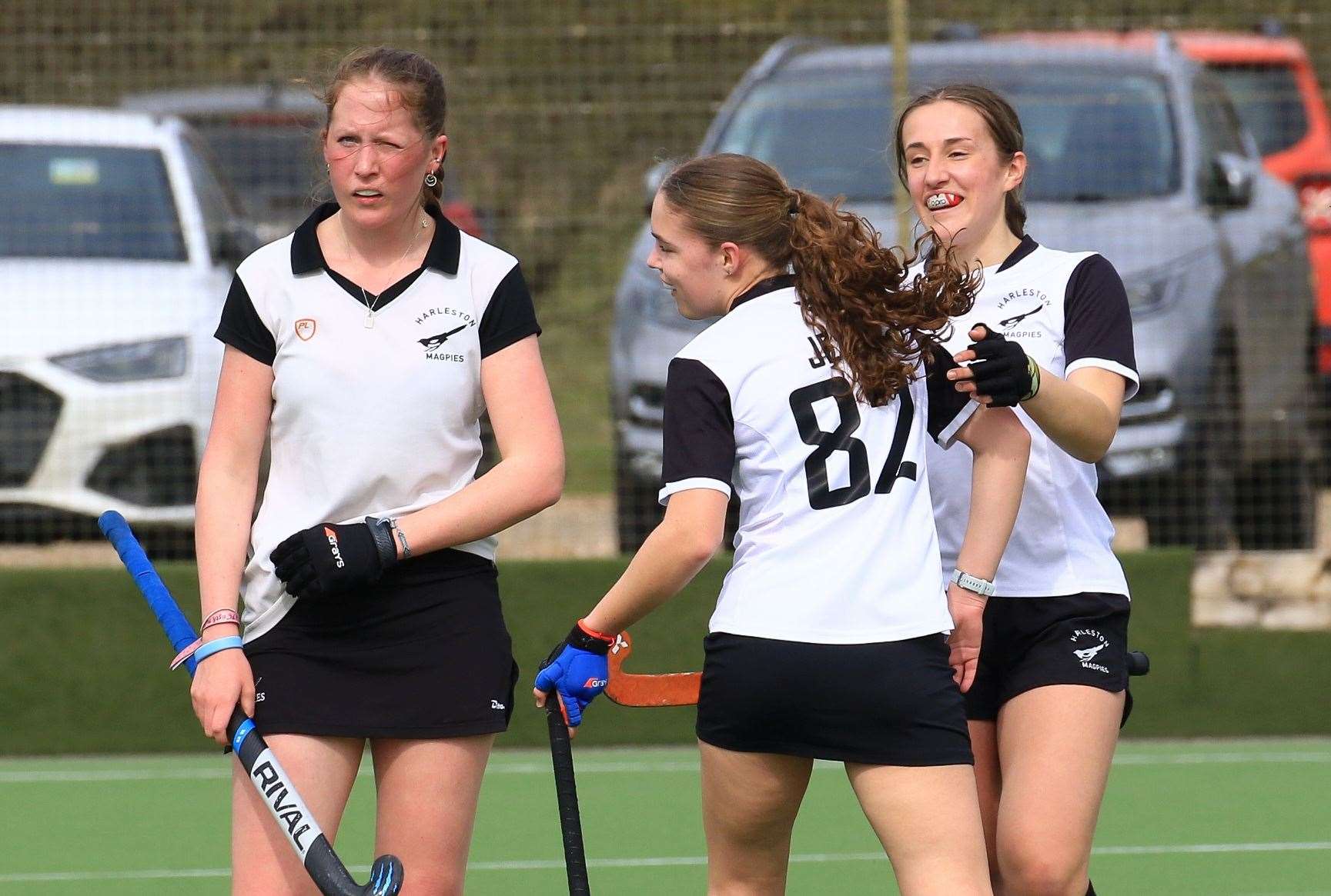 Harleston Magpies Ladies’ II players celebrate their match-winning goal at home to Bury St Edmunds I Picture: Gary Donnison