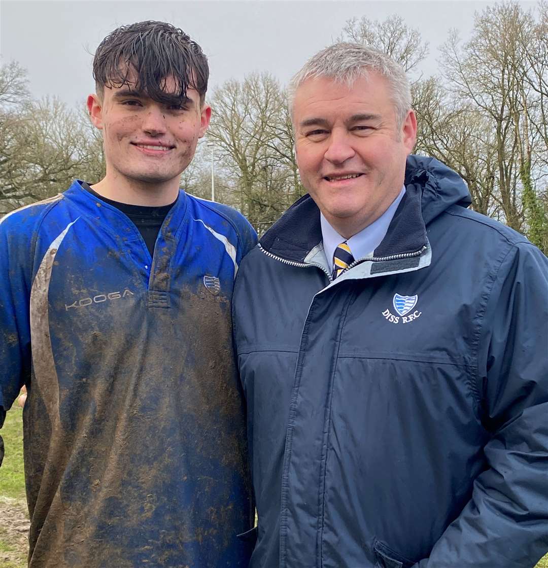 Diss chairman Andy Jermy, next to his son Joe, will step down from his position at the AGM in May Picture: Diss Rugby Club