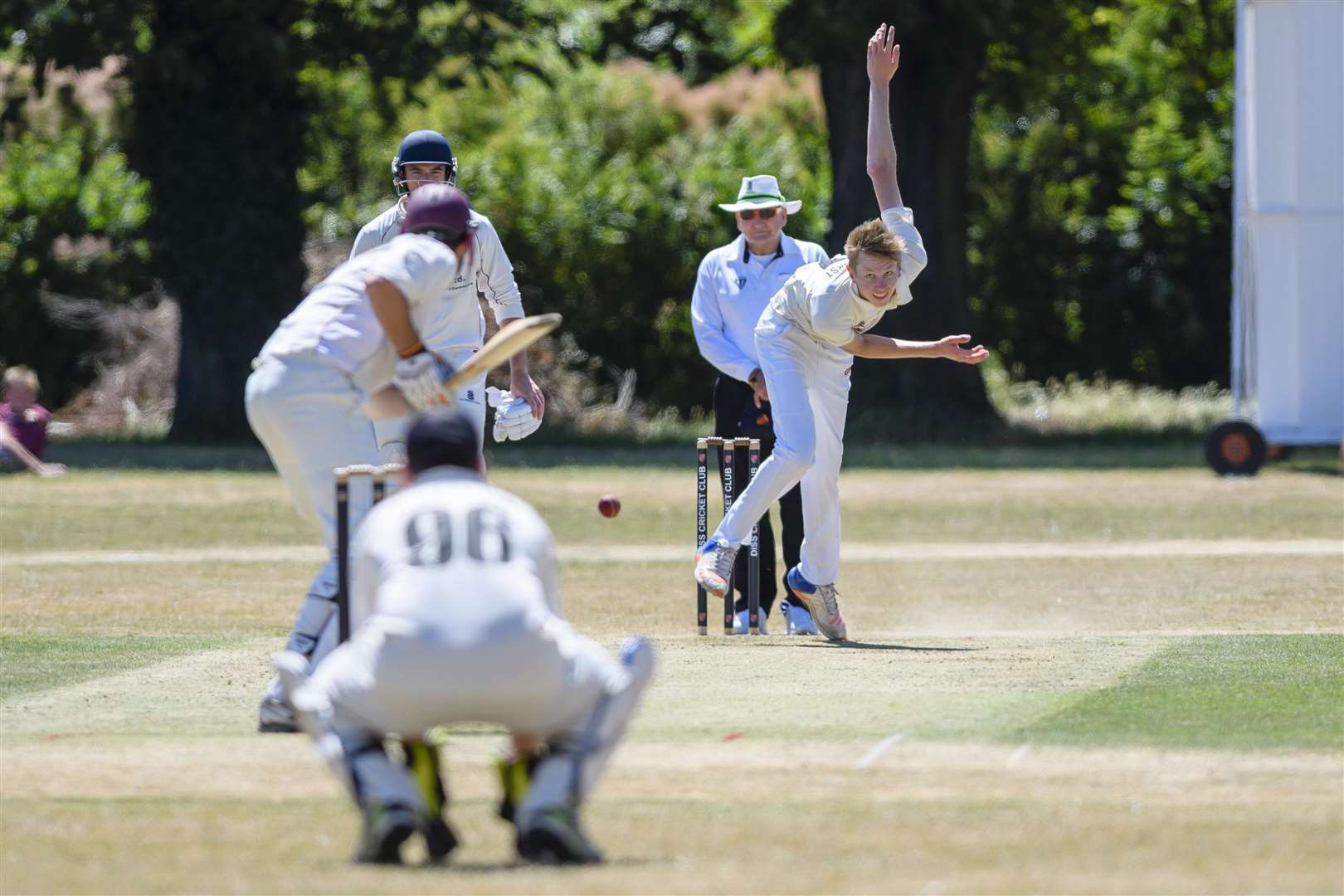 Diss, Norfolk. 30 June 2018 .Cricket action from Diss v Acle - Diss fielding - Eli Meenhorst bowling for Diss..Picture by Mark Bullimore Photography. (2802838)