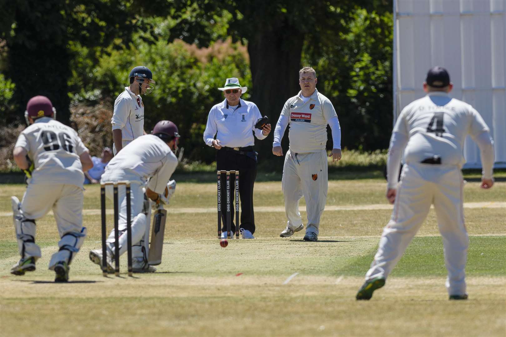 Diss, Norfolk. 30 June 2018 .Cricket action from Diss v Acle - Diss fielding - Robert Took bowling for Diss..Picture by Mark Bullimore Photography. (2802841)
