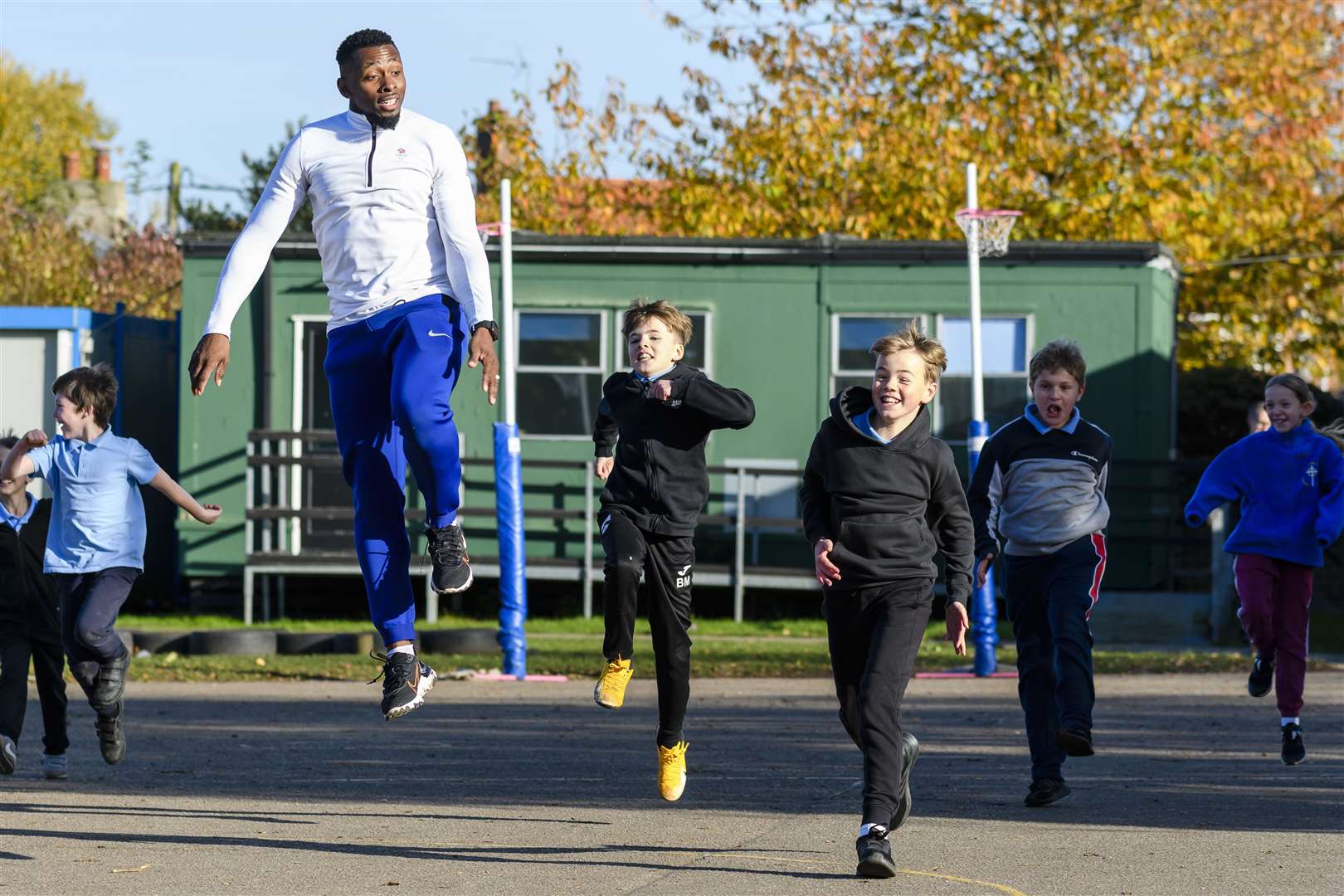 33-year-old Fearon headed PE lessons for all age groups during his visit on Wednesday. Picture: Mark Bullimore Photography 2021.