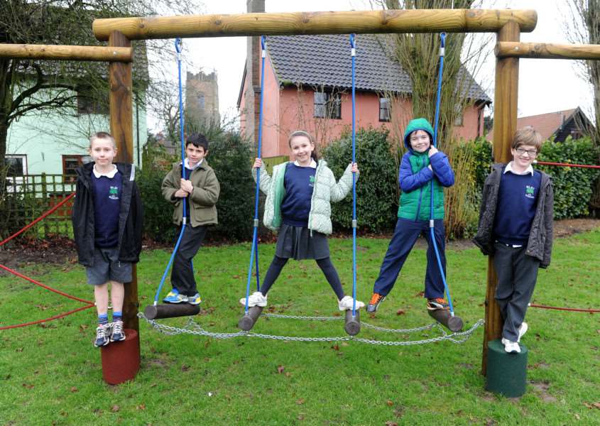 Wilby Primary School have a new trim trail Pictured: Oscar Pickess, Charlie Collins, Beth Palmer, Nathaniel Talbot Green and Nicholas Barber ANL-160903-173723009