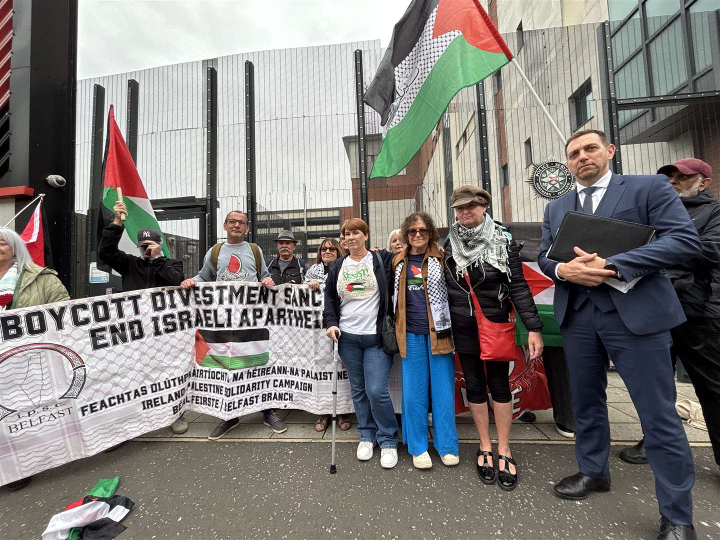 Sue Pentel and Martine McCullough attend Musgrave Street police station in Belfast for a pre-arranged interview under caution after the pair were arrested earlier this year on suspicion of criminal damage at a pro-Palestine protest outside Barclay’s Bank (Rebecca Black/PA)